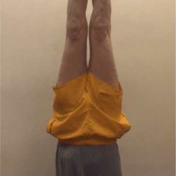 Individual doing a headstand on blue mat.